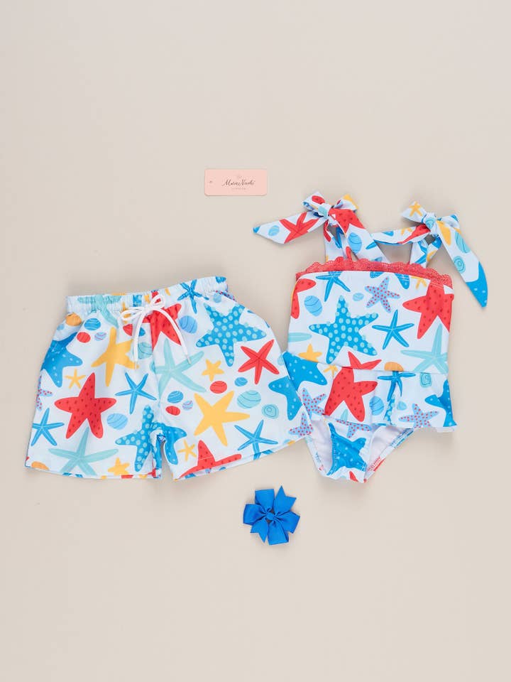 Marie Nicole Clothing - Wholesale One Piece Swimsuit - Kids - Starfish & Seashells Peplum Swimsuit
