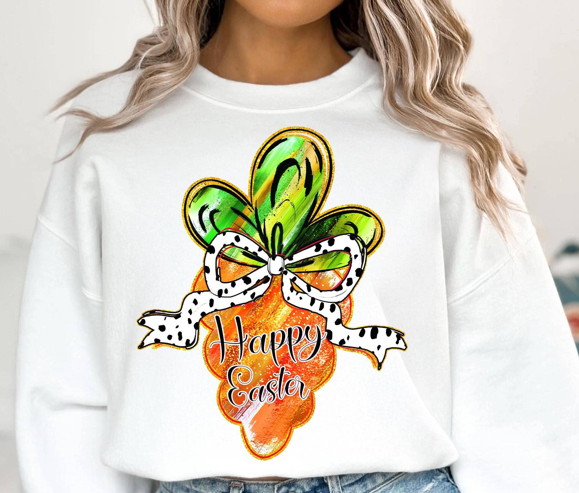 NVC Ecommerce LLC - Wholesale Graphic Sweatshirt - Women's - Happy Easter Carrot Coquette Tee, Brushstroke Easter Sweater0