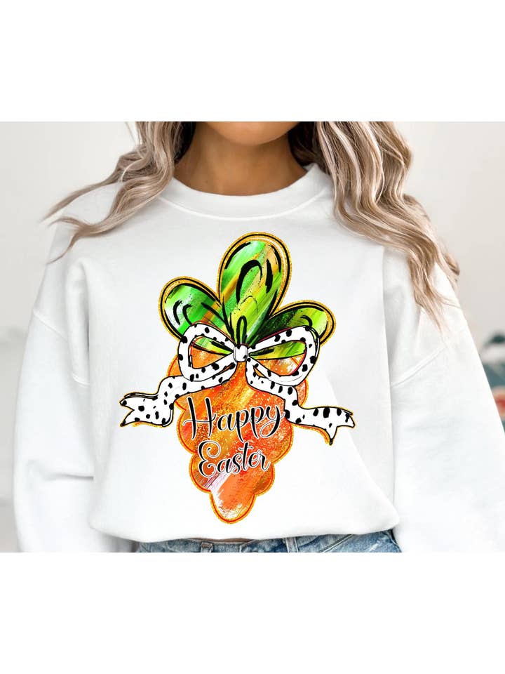 NVC Ecommerce LLC - Wholesale Graphic Sweatshirt - Women's - Happy Easter Carrot Coquette Tee, Brushstroke Easter Sweater
