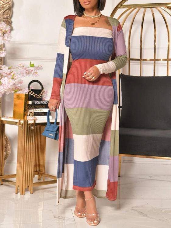 print colorblock dress with longline cardigan for wholesale by Flarix