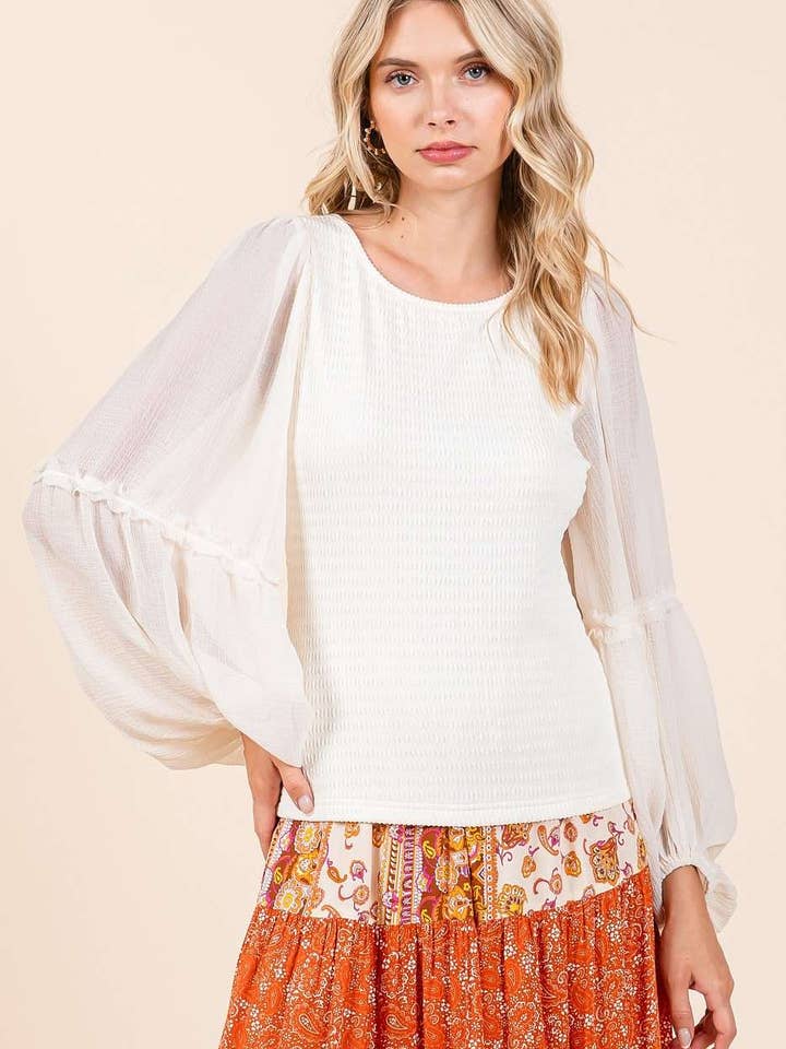 HAUT À MANCHES LONGUES EN MOUSSELINE TEXTURÉE MIXTE pour la vente par mittoshop