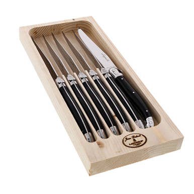 Jean Dubost 6 Steak Knives with Black Handles in Tray for wholesale by The French Farm