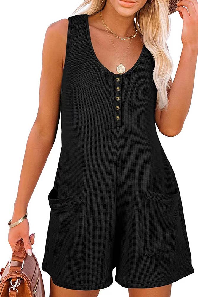 UNISHE - Vente Combishort – femme - Barboteuse gaufrée boutonnée sans manches avec poches ZZKF7293