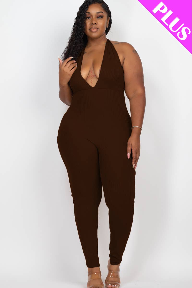 CAPELLA APPAREL - Wholesale Jumpsuit - Women's - Plus Size Halter V Neck Ribbed Bodycon Jumpsuit14