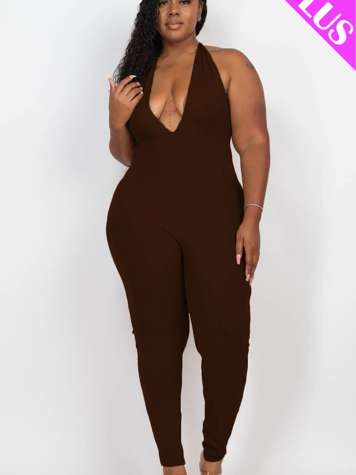 CAPELLA APPAREL - Wholesale Jumpsuit - Women's - Plus Size Halter V Neck Ribbed Bodycon Jumpsuit14