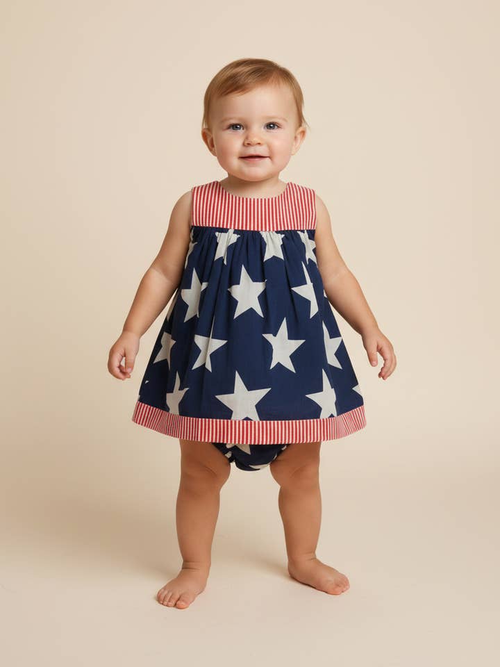 Stars & Stripes Sweetheart Neck Dress With Matching Diaper Cover for wholesale by Yo Baby