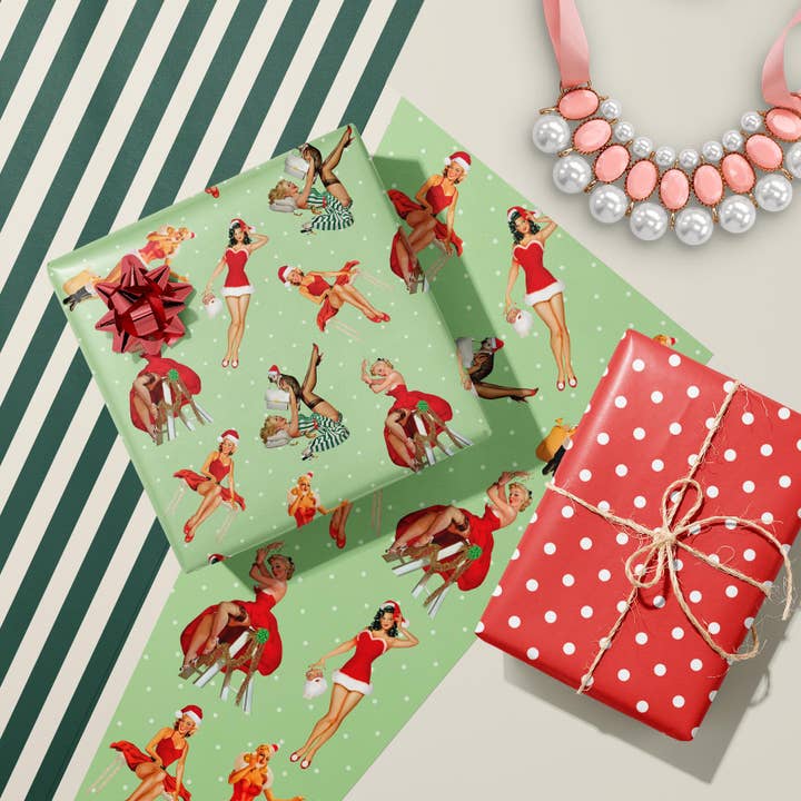 Mod Lounge Paper Company - Wholesale Flat Wrap - Holiday Vintage Pinup Double Sided Christmas Gift Wrap Sheet