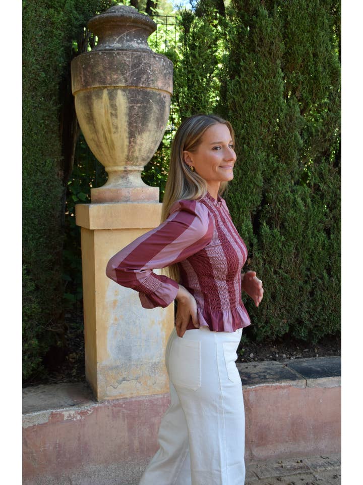 MindTraveler - Wholesale Blouse - Women's - Chía Striped Burgundy Blouse6