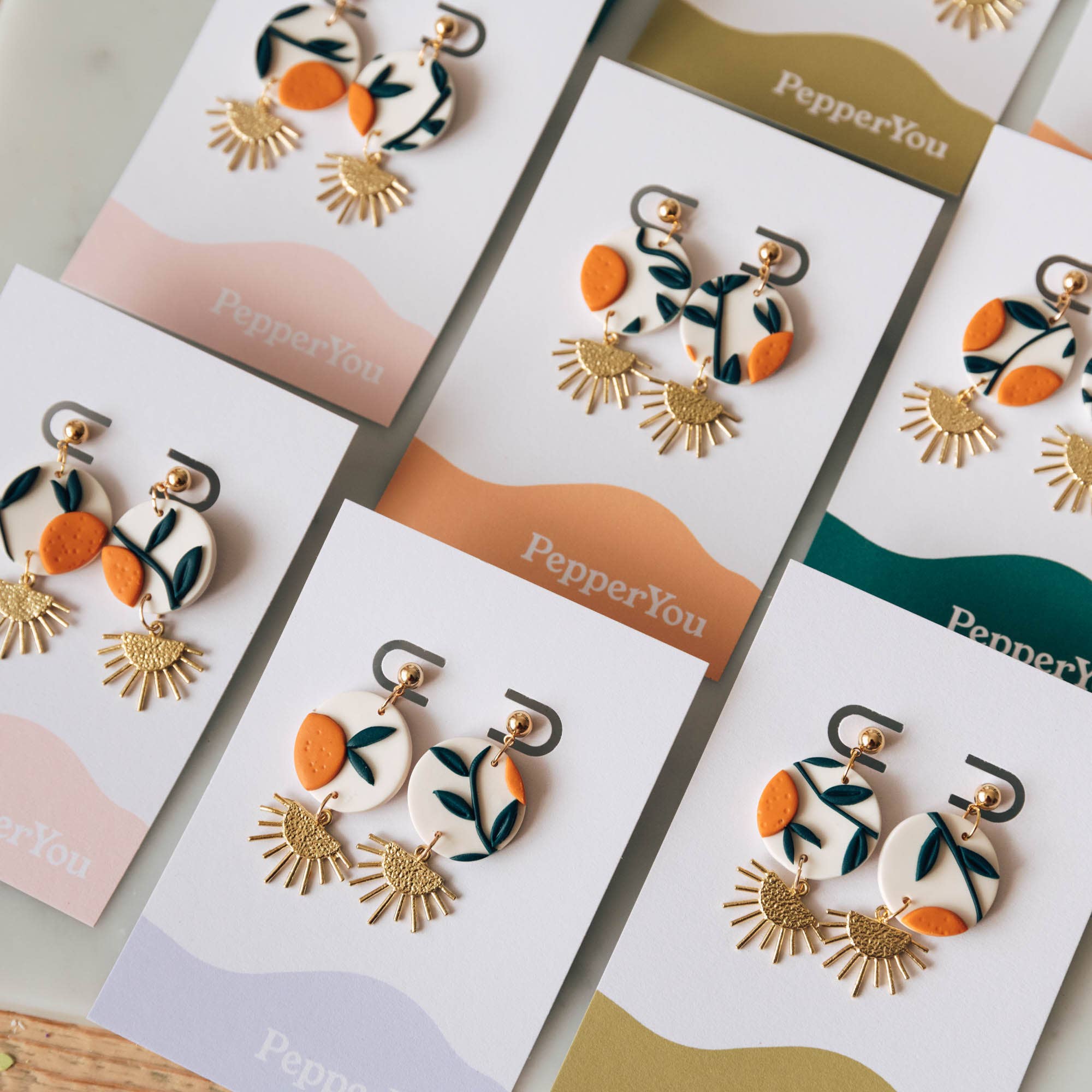 Pepper You - Wholesale Dangle Earrings - Orange Tree with Brass Drop Earrings, Embroidery1