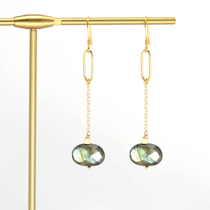 Zoe Labradorite Oval and Gold Chain Dangle Earrings for wholesale by Edgy Petal Jewelry