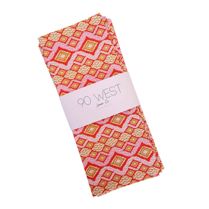 90 West Linen Co. - Wholesale Dinner & Cloth Napkin - Pink & Orange Geometric Cloth Napkins, Set of 410