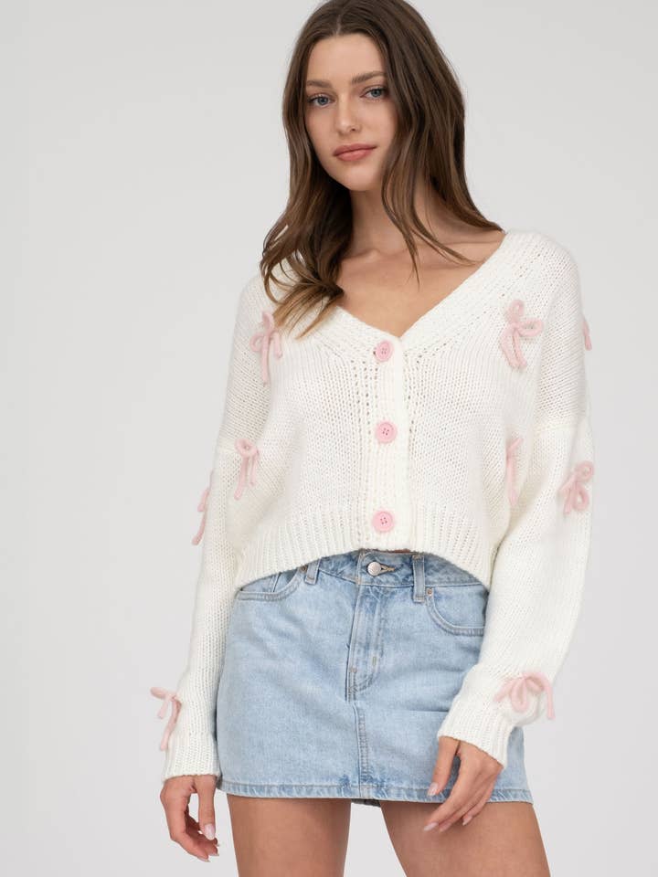 Blu Pepper - Wholesale Cardigan - Women's - BOW DETAIL BUTTON DOWN CROPPED KNIT CARDIGAN