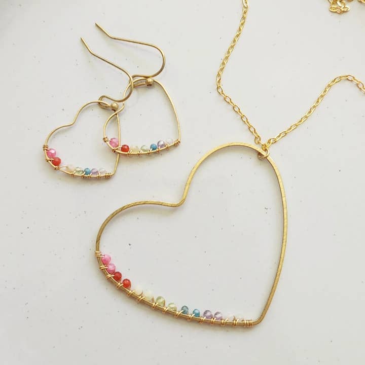 Rainbow Gemstone Wire Wrapped Heart Pendant Necklace for wholesale by Sara Sela Jewelry