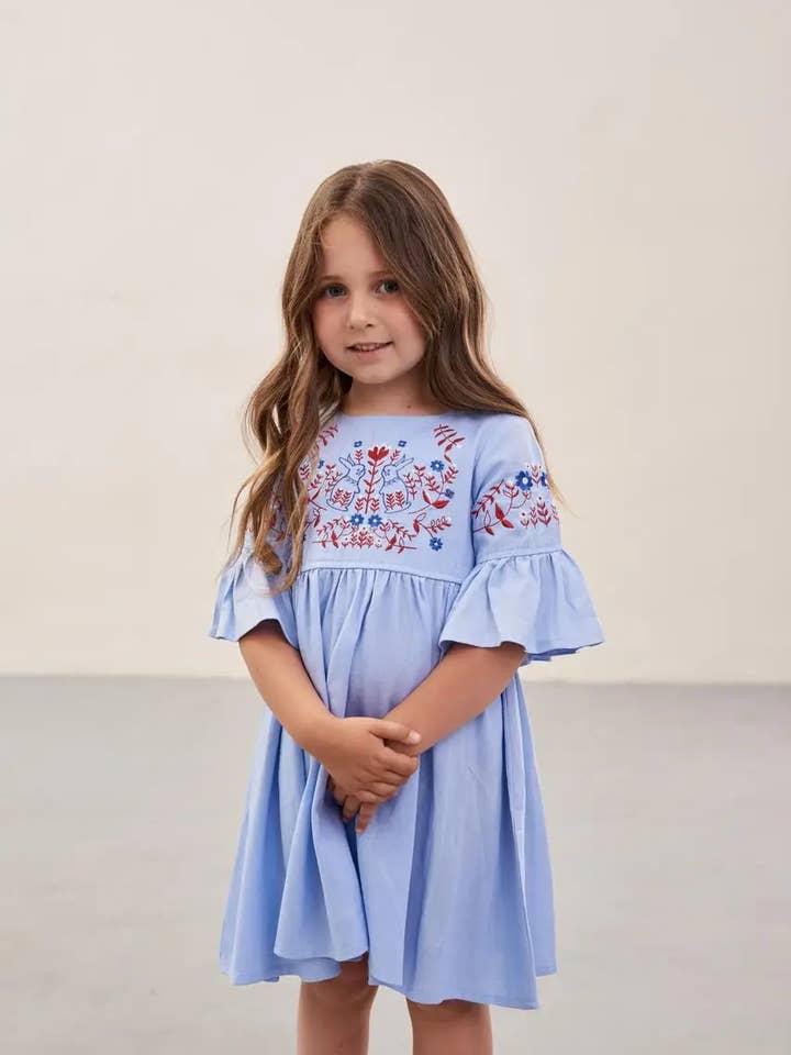 Embroidered Dress For A Girl Rabbits Blue for wholesale by Handmade Originals Ukraine