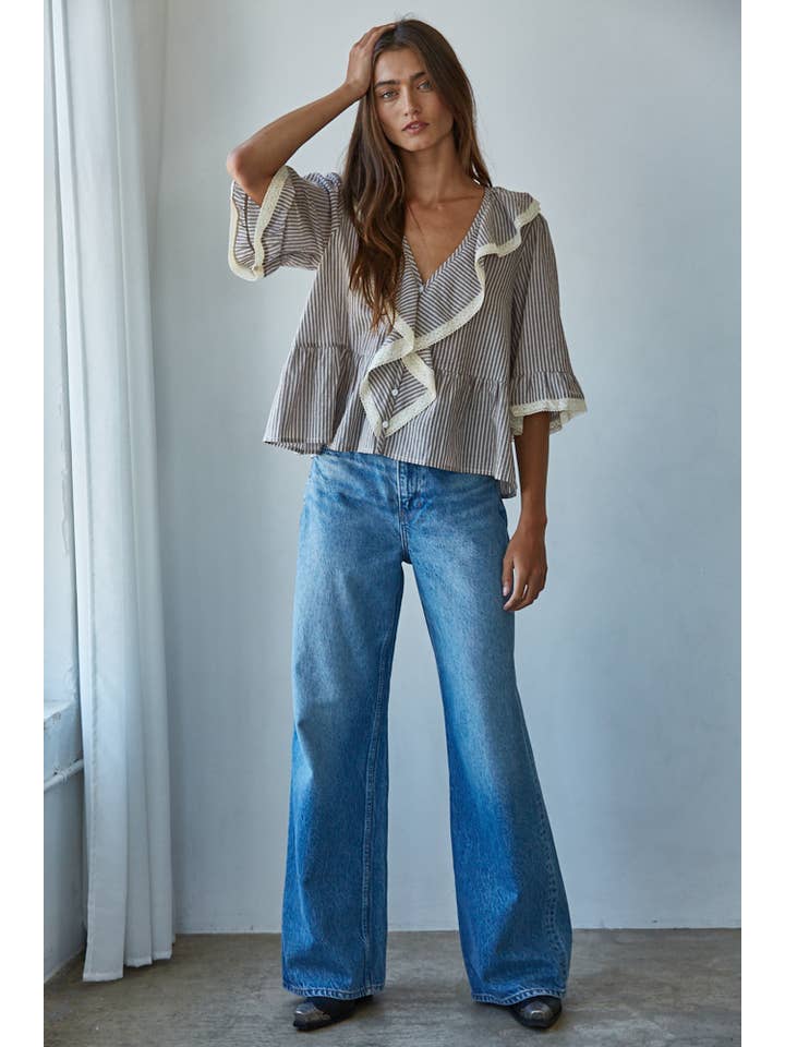 Grey L9000 | Woven Cotton Linen Striped Ruffle Top for wholesale on Faire1