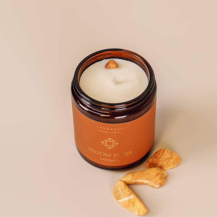 JaxKelly Candles - Wholesale Jar/Filled Candle - 9oz Amber Crystal Candles - Yellow Jasper - Happiness1