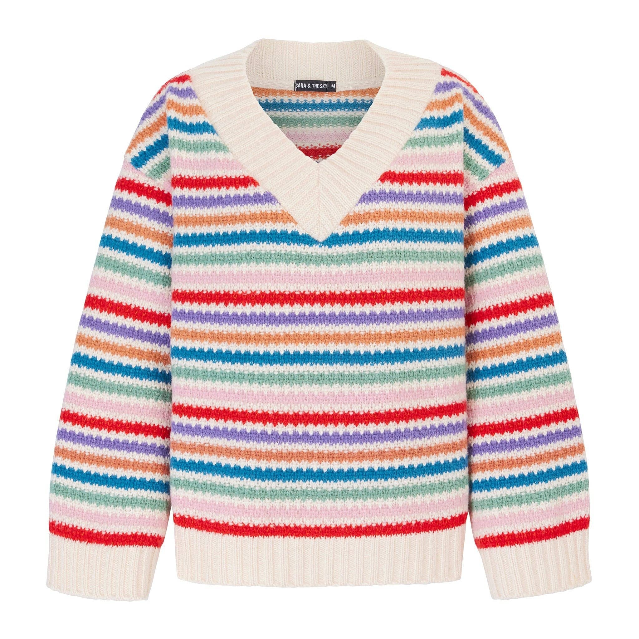Cara & The Sky - Wholesale Knit Sweater - Women's - Jasmine Wide Sleeve V Neck Striped Jumper - Off White1