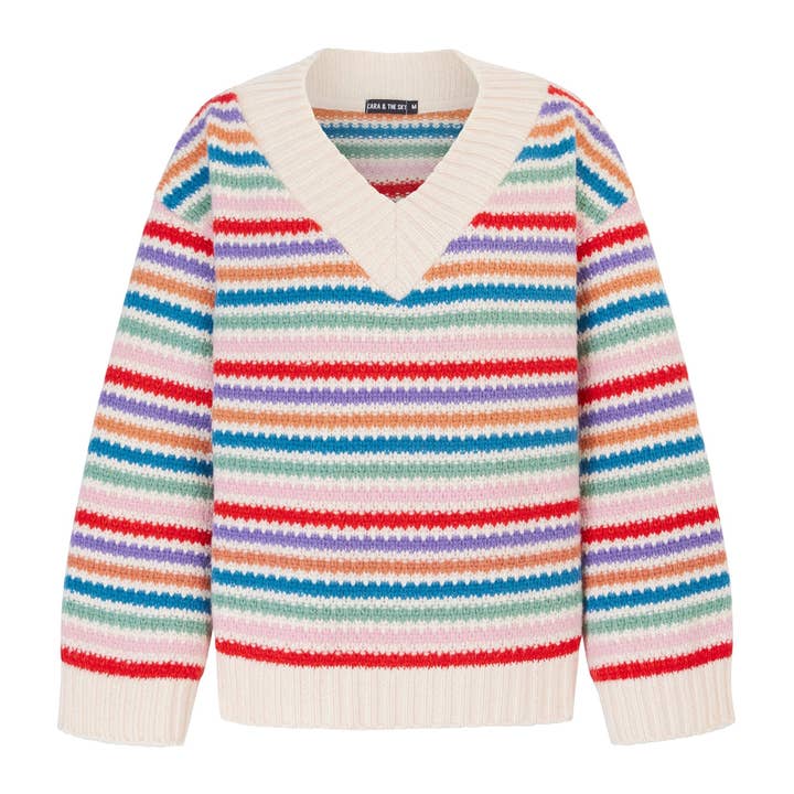 Cara & The Sky - Wholesale Knitted jumper – Women′s - Jasmine Wide Sleeve V Neck Striped Jumper - Off White1