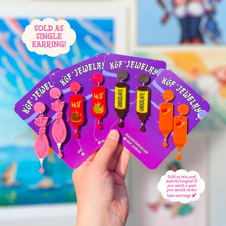 Penguin Sauce SINGLE Handmade Acrylic Earrings & Keychains for wholesale by KGF Jewelry