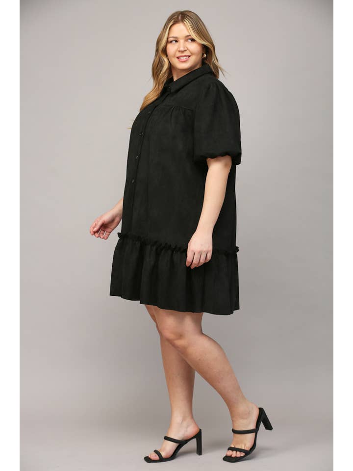 Black FAUX SUEDE BUTTON FRONT SHORT PUFF SLV DRESS FD33007P for wholesale on Faire