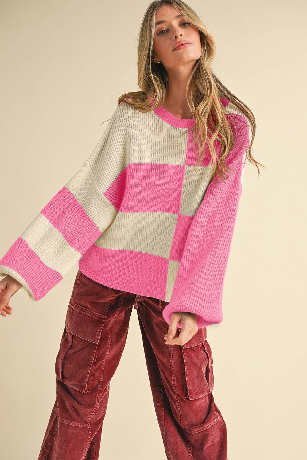 &MERCI - Wholesale Knit Sweater - Women's - OVERSIZED MIXED COLOR BLOCK SWEATER MSW106813