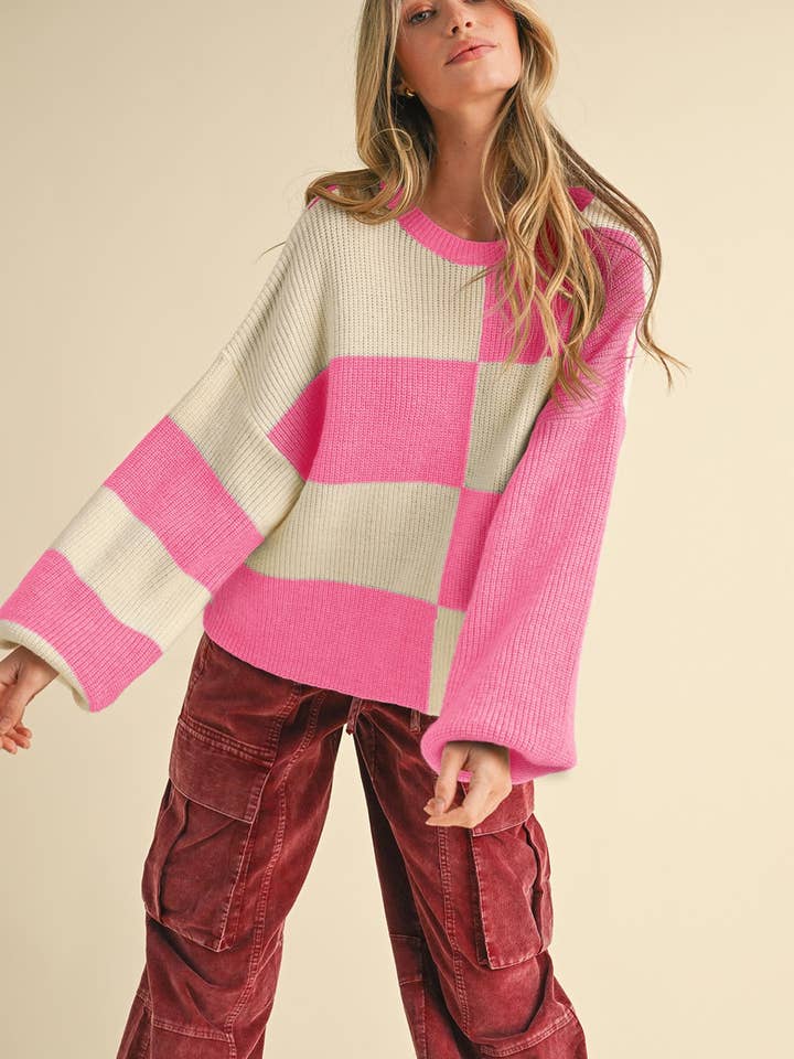 &MERCI - Wholesale Knit Sweater - Women's - OVERSIZED MIXED COLOR BLOCK SWEATER MSW106813