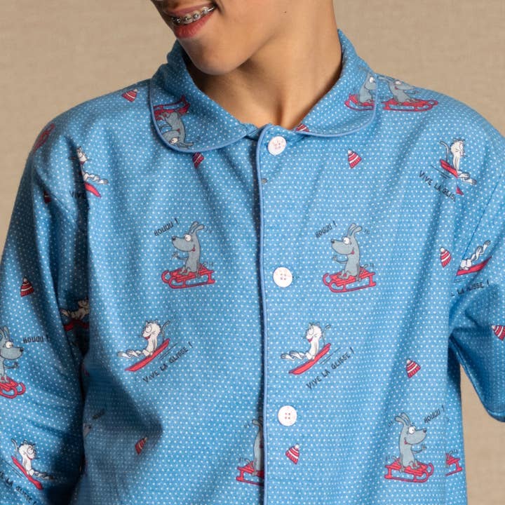 Sky Blue La Glisse Children's Winter Flannel Pajamas Set for wholesale on Faire5