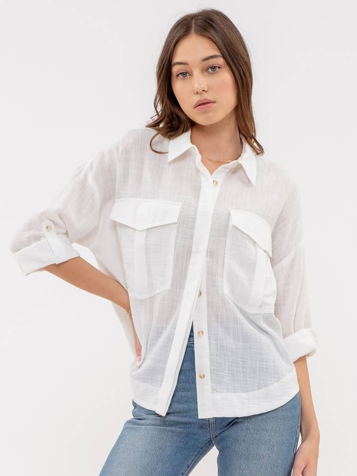 LIGHTWEIGHT COLLARED BUTTON DOWN 3/4 SLEEVE SHIRT for wholesale by Blu Pepper