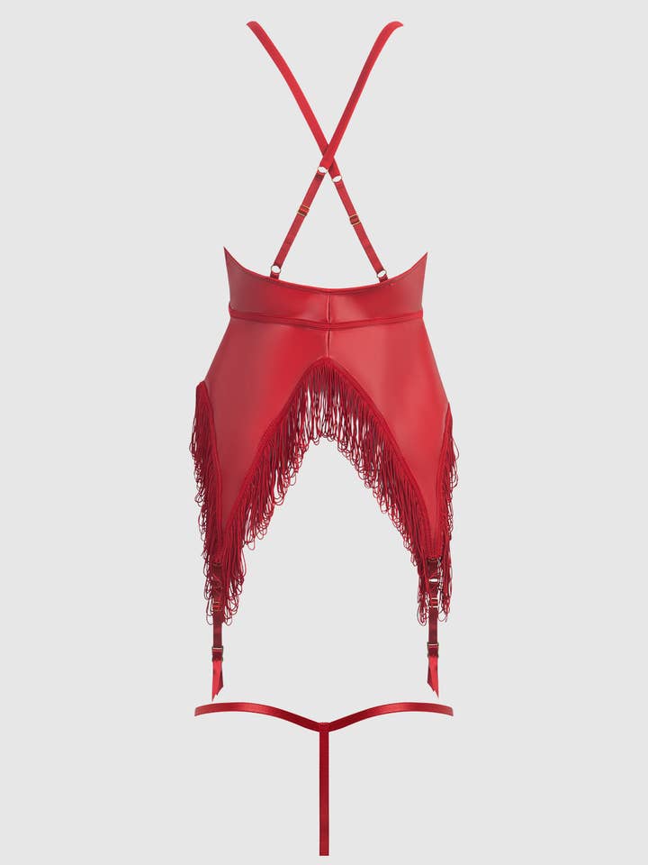 Crimson Red PHOENIX FAUX LEATHER & FRINGE CHEMISE & G-STRING SET for wholesale on Faire8