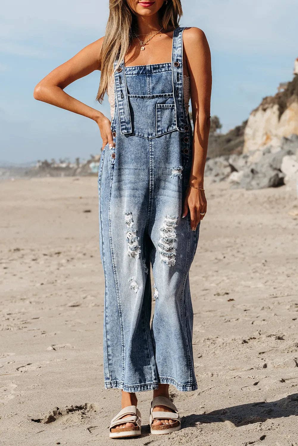 LALA LOO - Wholesale Overalls - Women's - Denim Bib Pocket Wide Leg Overall