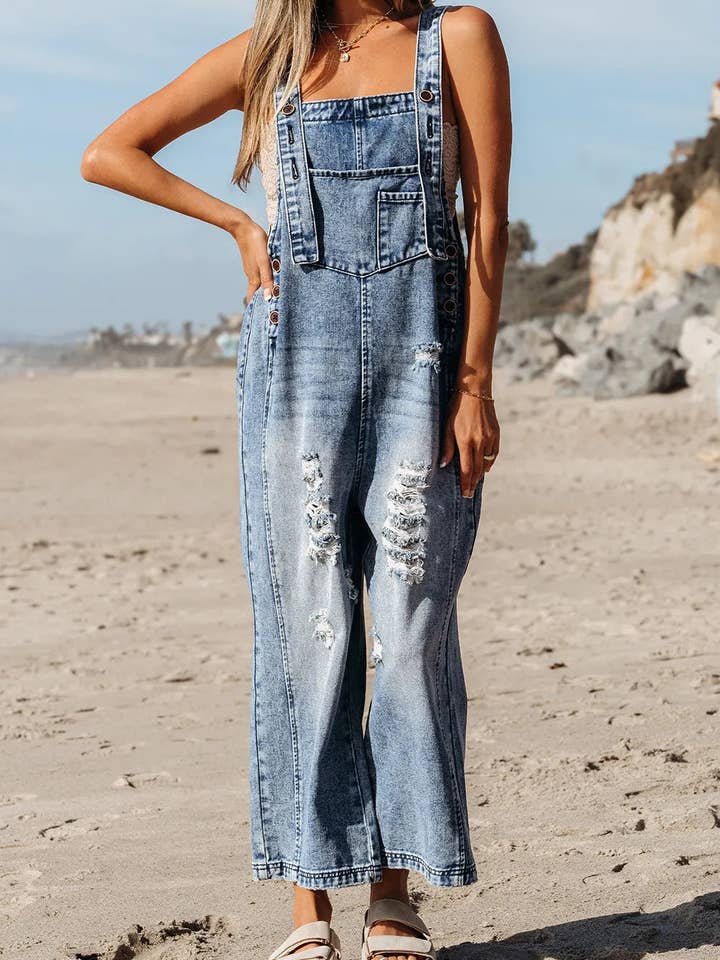 Denim Bib Pocket Wide Leg Overall for wholesale by LALA LOO