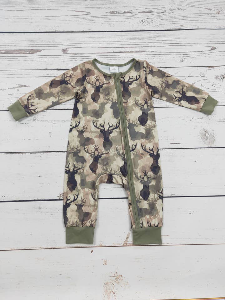 Baby Boy Deer Print Zip Romper for wholesale by sassy kids palace