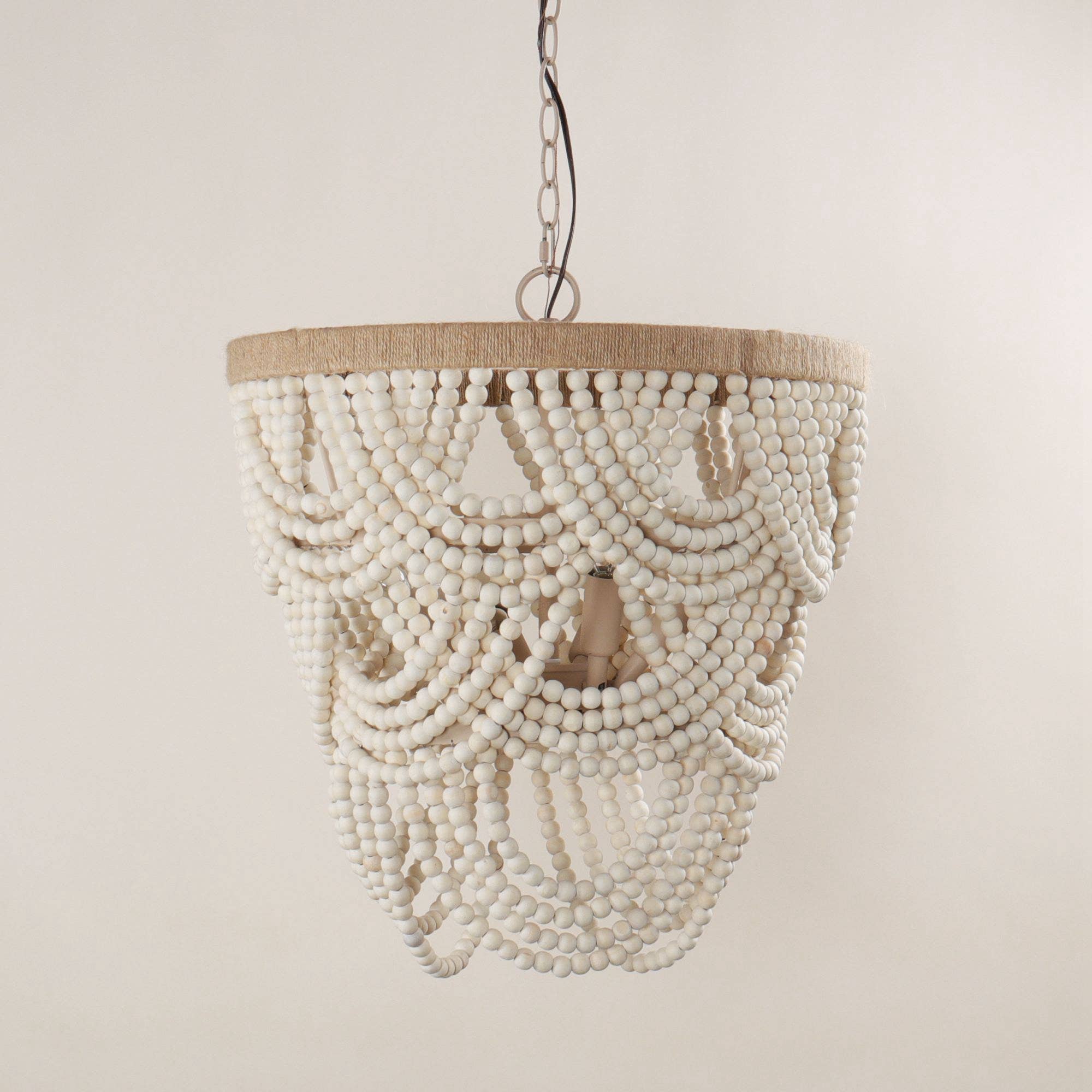 Off White Lusteria 20" Wood Bead 4-Light Tiered Coastal Chandelier for wholesale on Faire13