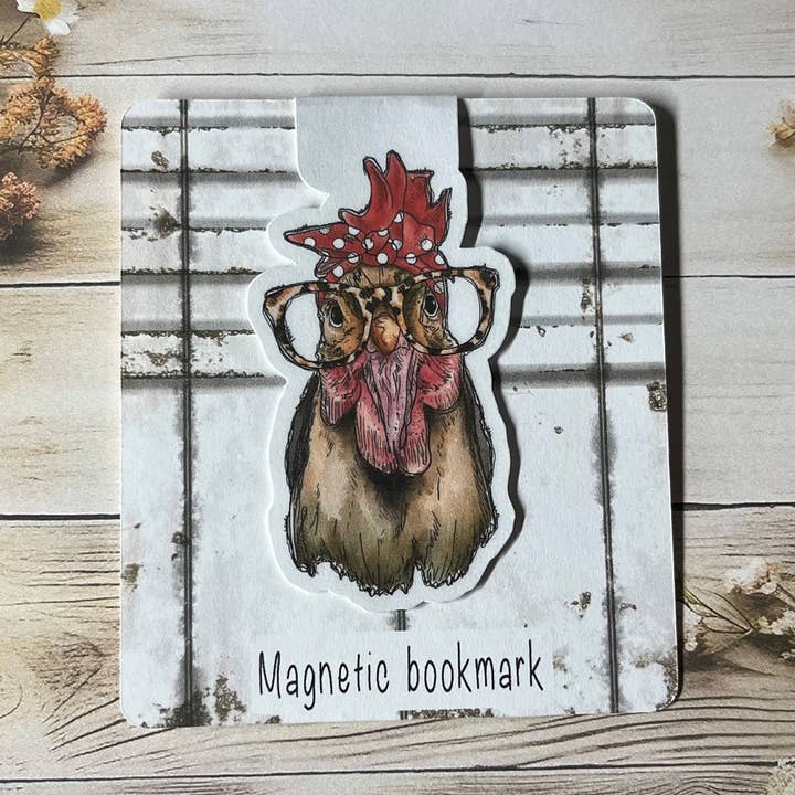 Chicken with glasses and bandana magnetic bookmark for wholesale by Iowa Paper Farm