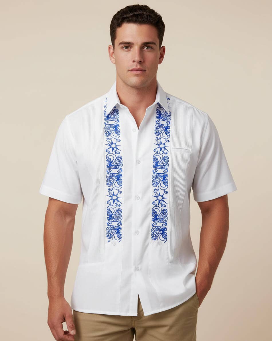 Y.A.Bera Clothing Modern Guayaberas - Wholesale Button Down Shirt - Men's - White Clouds with Blue Stars Short Sleeve Guayabera