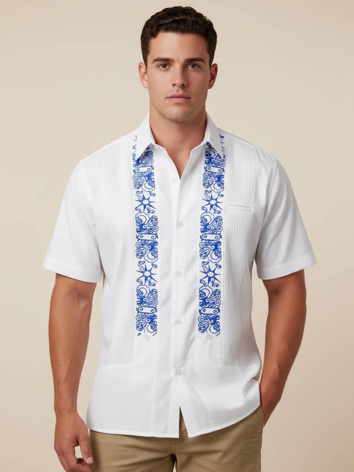 Y.A.Bera Clothing Modern Guayaberas - Wholesale Button Down Shirt - Men's - White Clouds with Blue Stars Short Sleeve Guayabera0