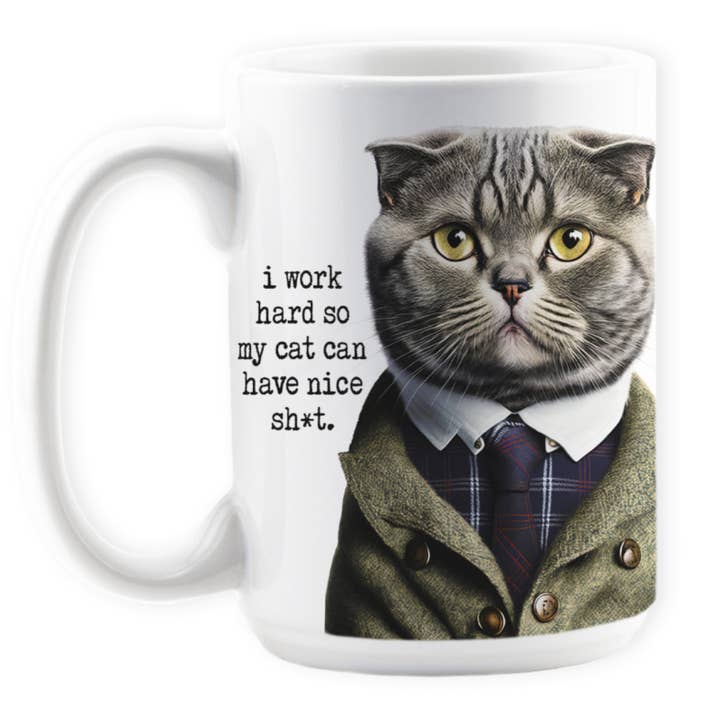 'SHOW' ANIMALS: I Work Hard / anthropomorphic cat mug for wholesale by Love Letters