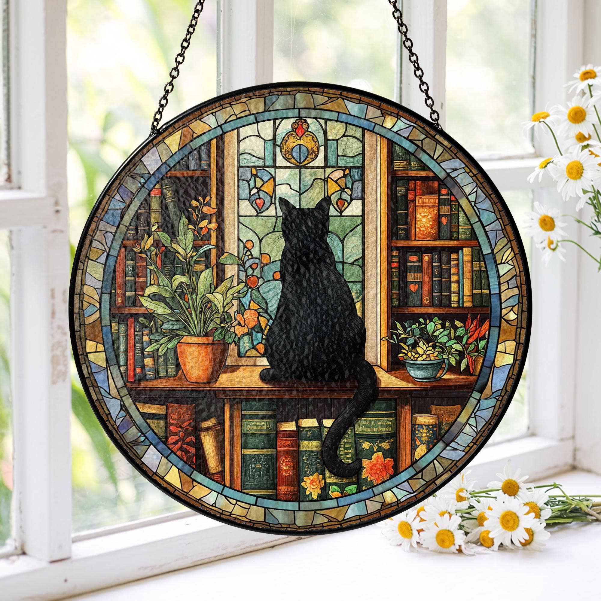 NVC Ecommerce LLC – wholesale Suncatcher – Black Cat and Book Stained Glass Suncatcher, Librarian Decor1