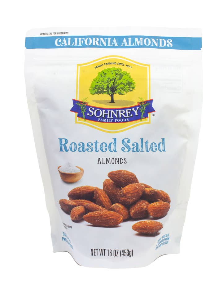 Roasted Salted Almonds 1 lb for wholesale by Sohnrey Family Foods LLC