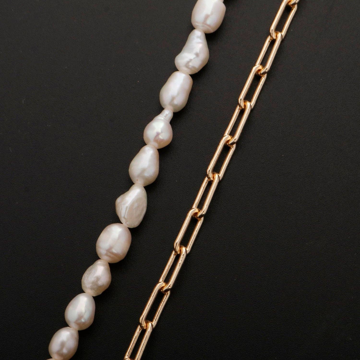 Aim Eternal - Wholesale Beaded/Pearl Necklace - 18k Gold Filled Freshwater Pearl Half Chain Necklace Paper Clip Link 16 inch + 2" extender Length Handmade Minimalist Jewelry3