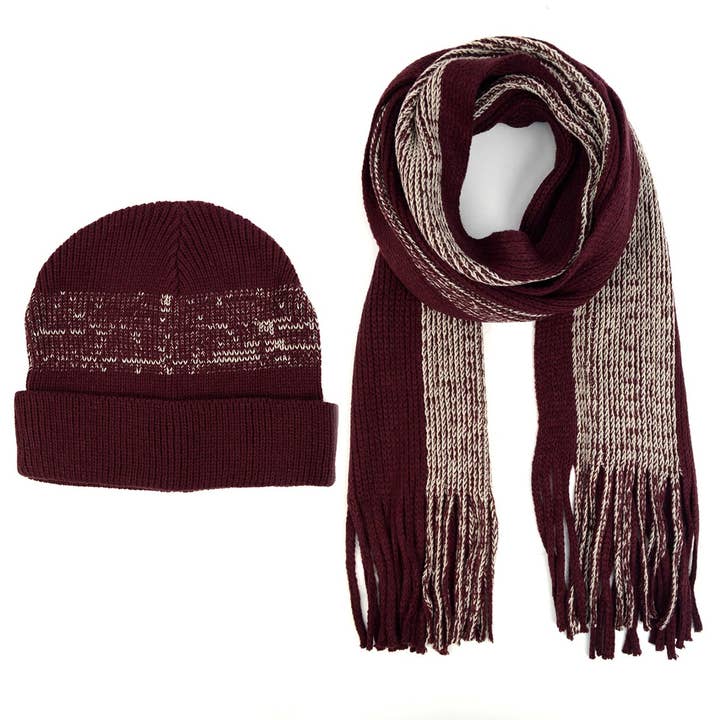 Selini New York - Wholesale Winter Accessory Set - Men's - Men's Winter Knit Wine Scarf and Hat Set