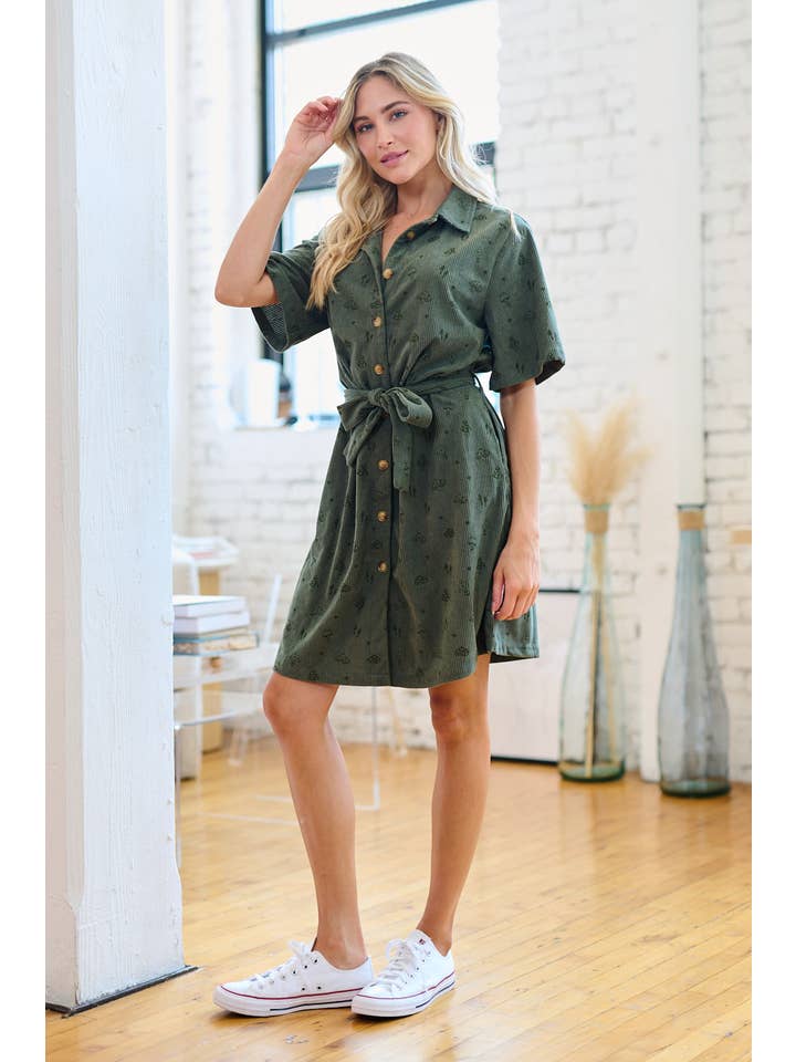 SM WARDROBE - Wholesale Dress - Women's - MUSHROOM PRINT CORDUROY SHIRT DRESS - GREEN7