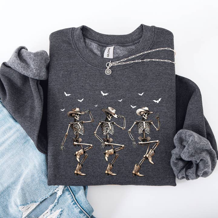 Refinery Number One LLC - Wholesale Graphic Sweatshirt - Unisex - Dancing Cowboy Skeletons, Halloween Bats Sweatshirt