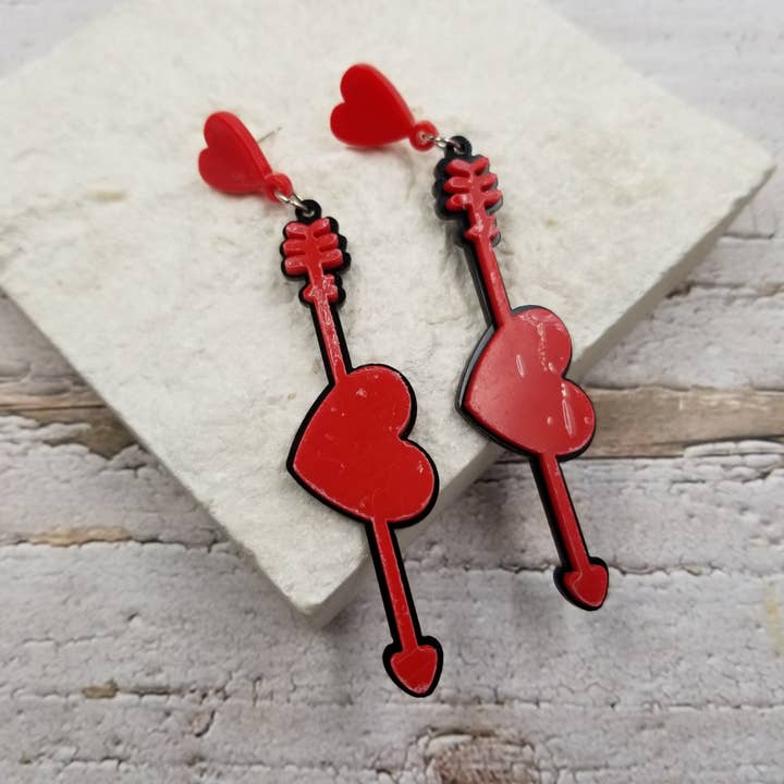 Cupid's Arrow Red Heart Valentine Earrings for wholesale by Treasure Wholesale