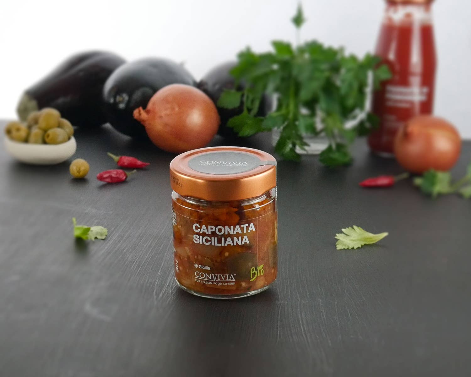 CONVIVIA for italian food lovers - Vendita all'ingrosso Verdure in scatola - Caponata siciliana bio 190g7