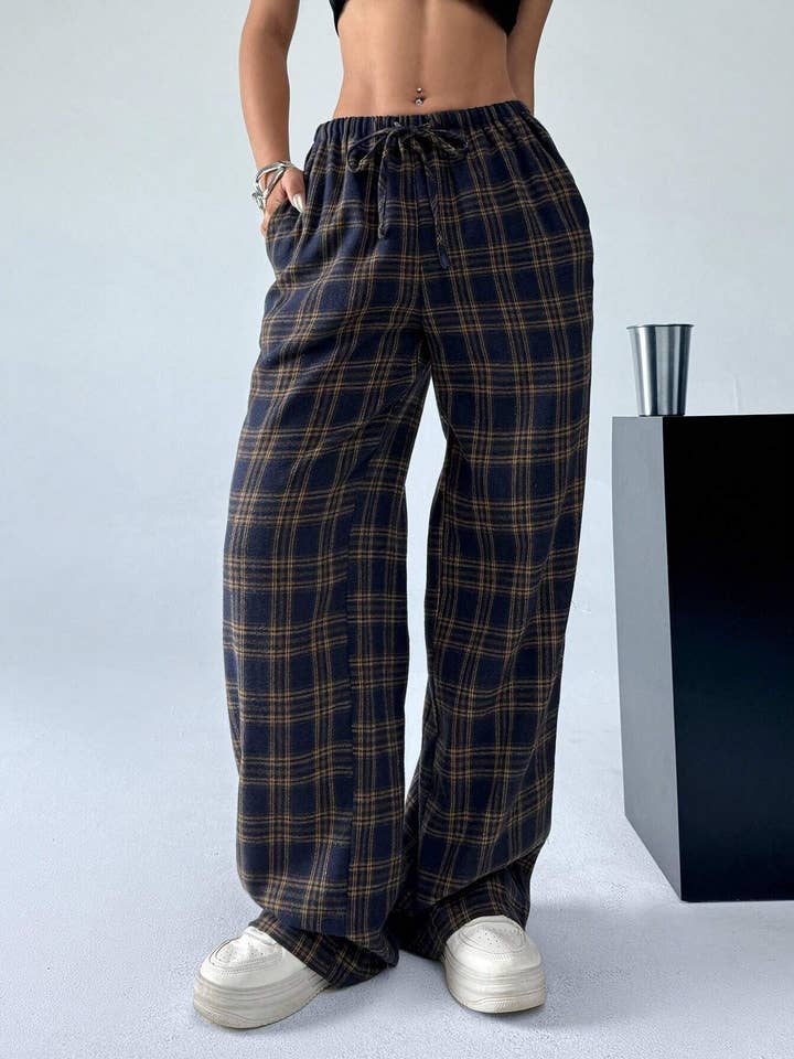 Plaid preppy pants straight leg trousers for wholesale by Rosa Clothing