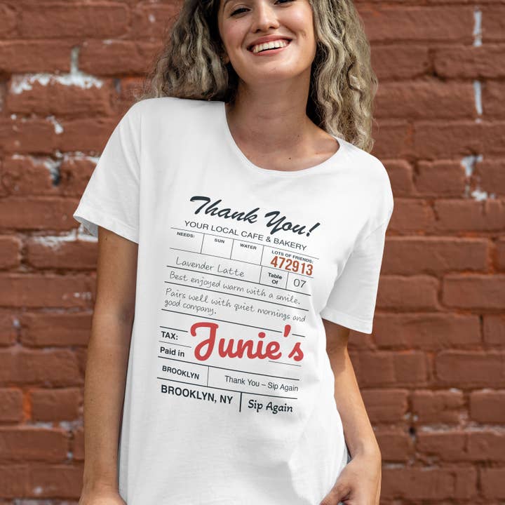 Junie’s Café Receipt Tee – Coffee Shirt for Café Lovers for wholesale by GoboxPrintCo