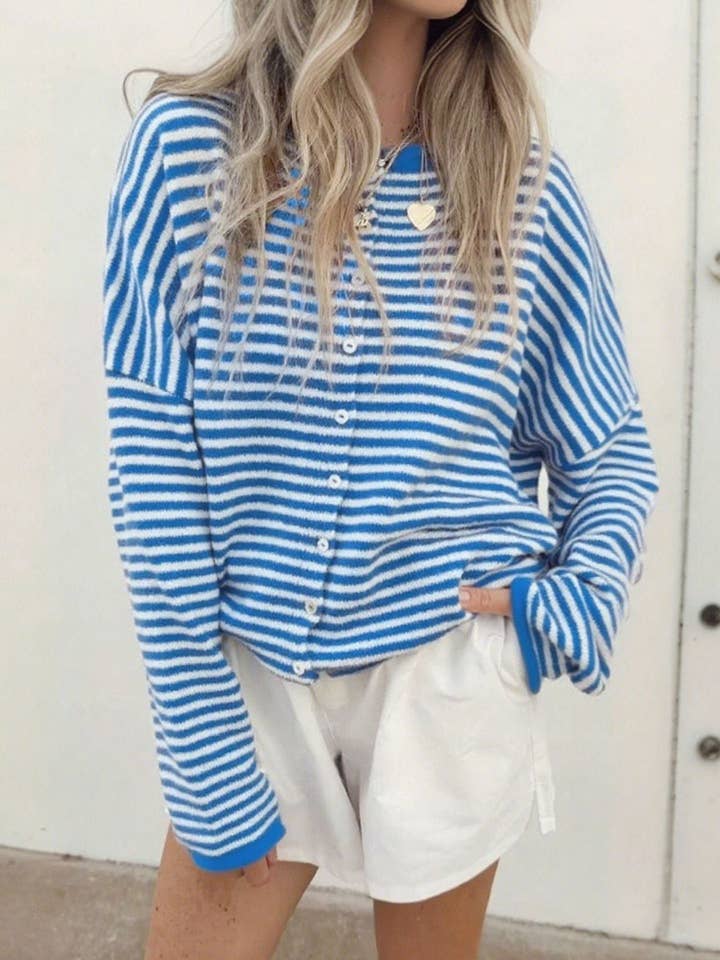 Dipped Shop - Wholesale Cardigan - Women's - Casual Striped Round Neck Long Sleeve Cardigan DP25F5443
