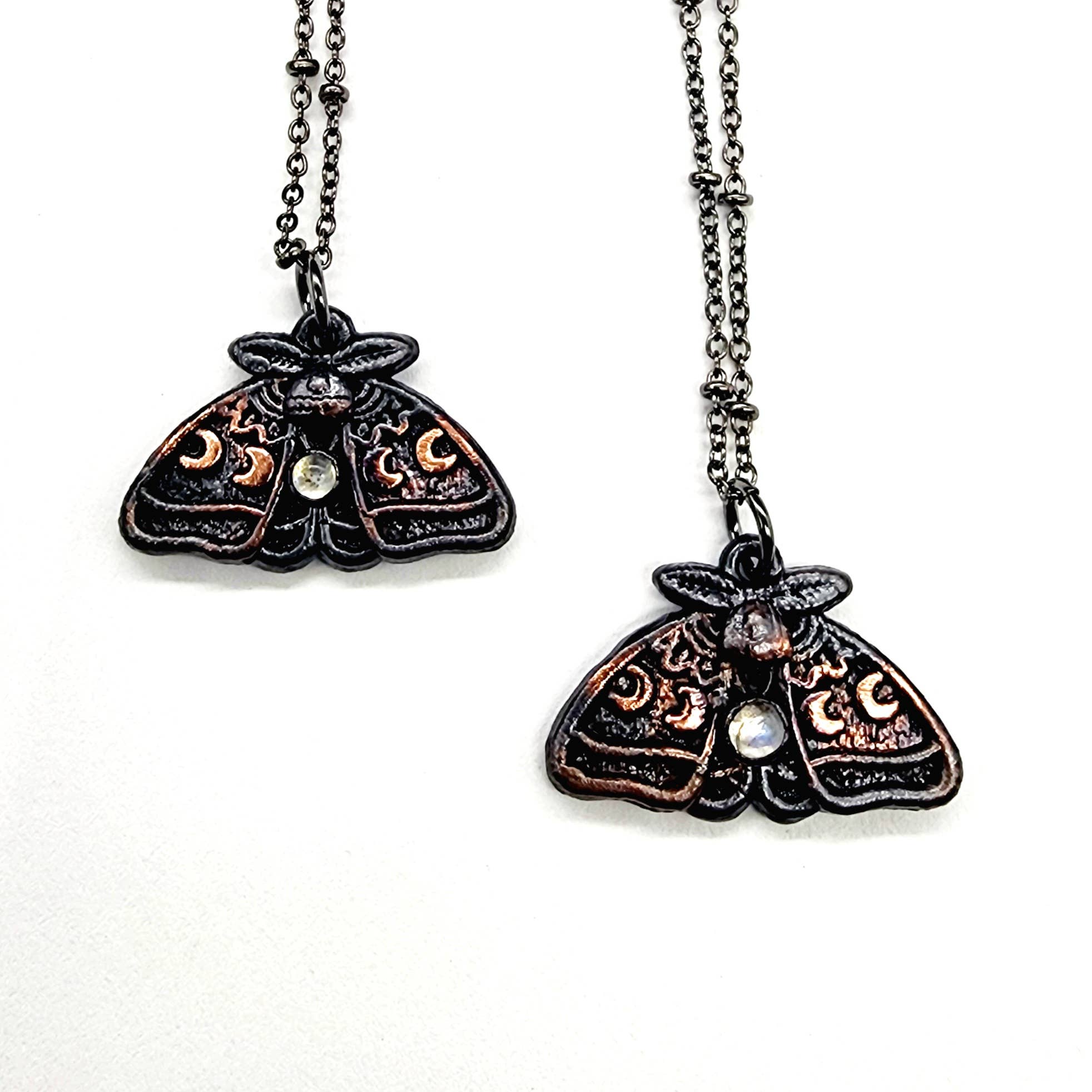 MergingMetals - Wholesale Pendant/Charm Necklace - Rainbow Moonstone Moon Phase Moth Necklace // Electroformed 1
