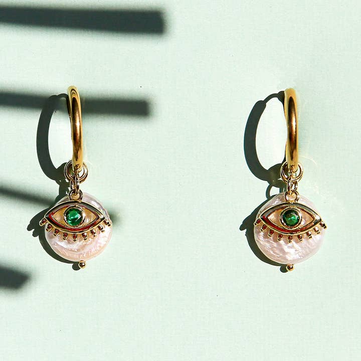 Green Eye Huggie Hoops for wholesale by Kingston Jewellery